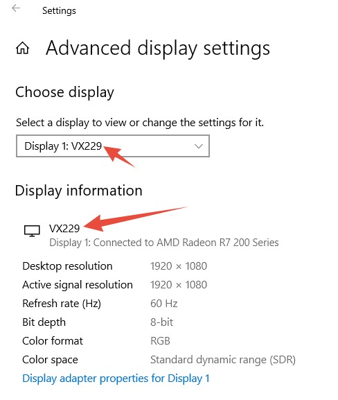 Advanced display settings options 