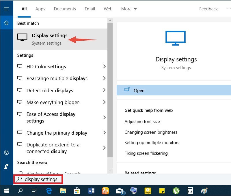 Search for display settings on your PC and Windows 10 Operating system 